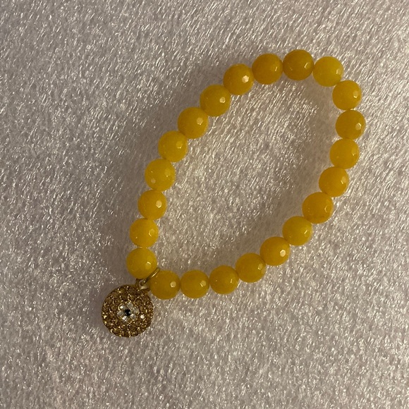 Stretch Citrine Faceted Ball Bead Bracelet with Hanging Evil Eye Crystal Charm - Picture 4 of 6